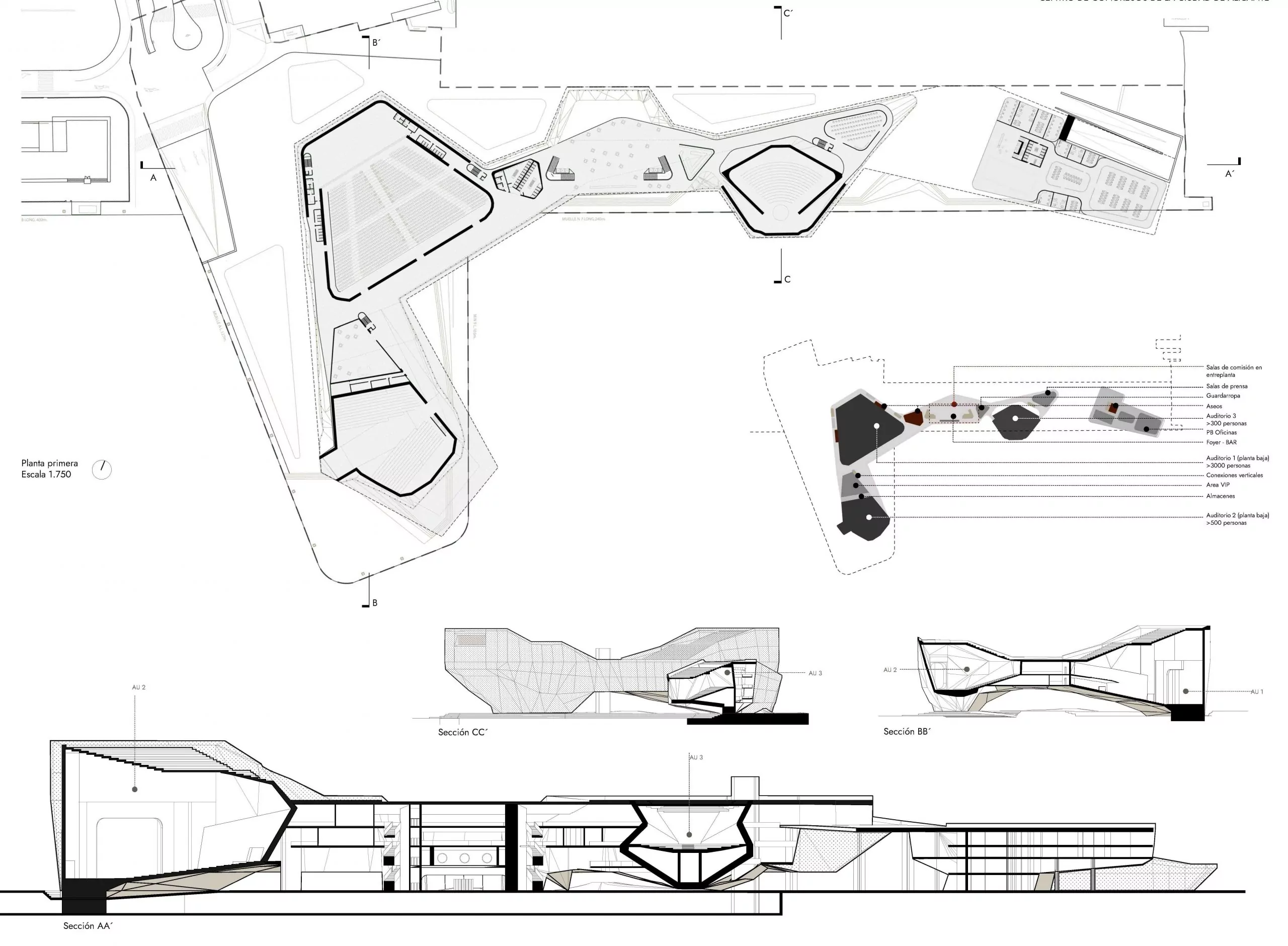 Iwastudio - Centro de Congresos de Alicante - PLANTA 1 Y SECCIONES scaled